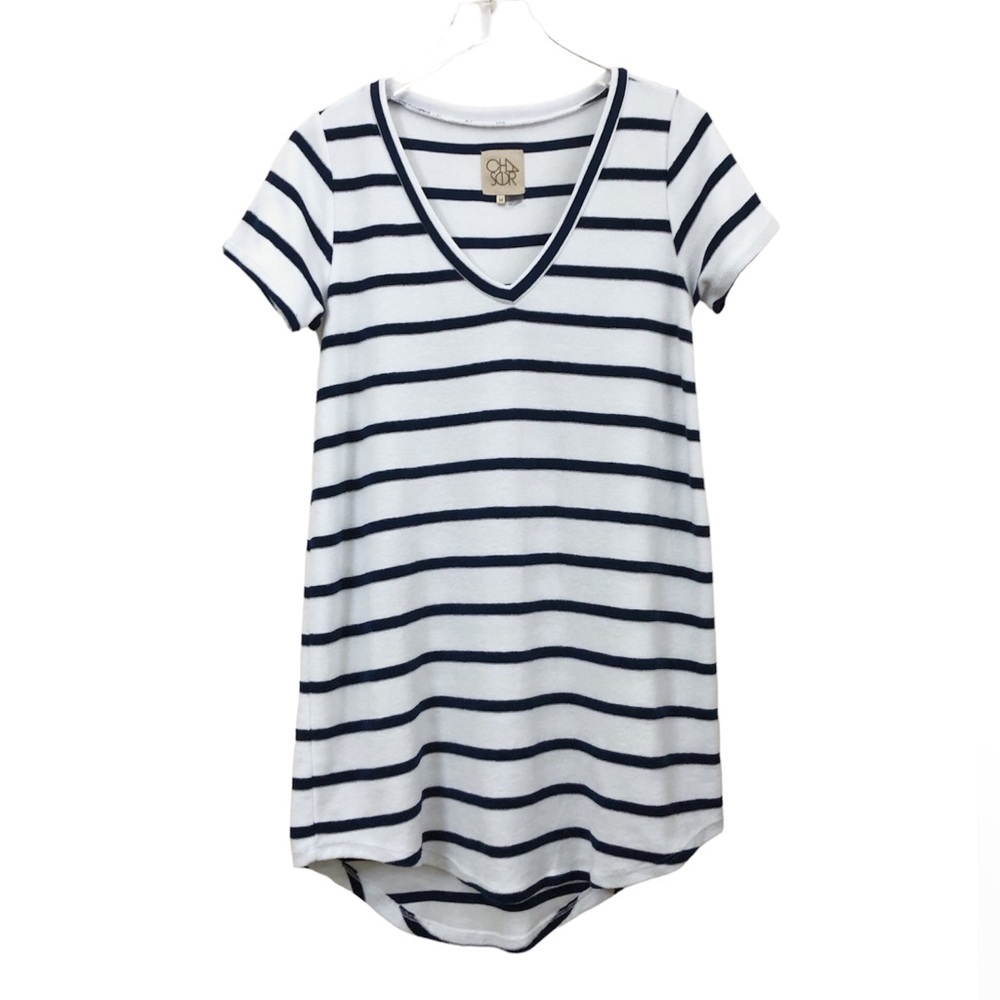 Chaser | Terry Cloth Navy Blue White Stripe Short Sleeve Dress Medium